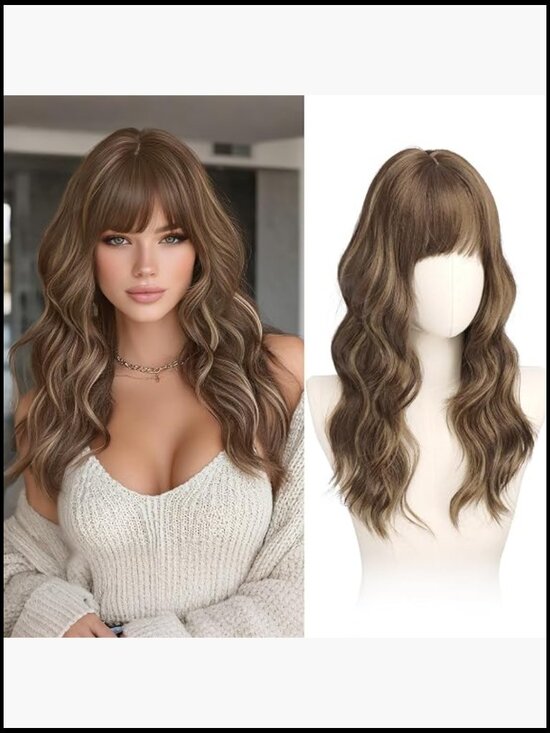 20 Inch Long Wavy Synthetic Wig with Bangs Heat Resistant Wigs for Women Daily main image 4